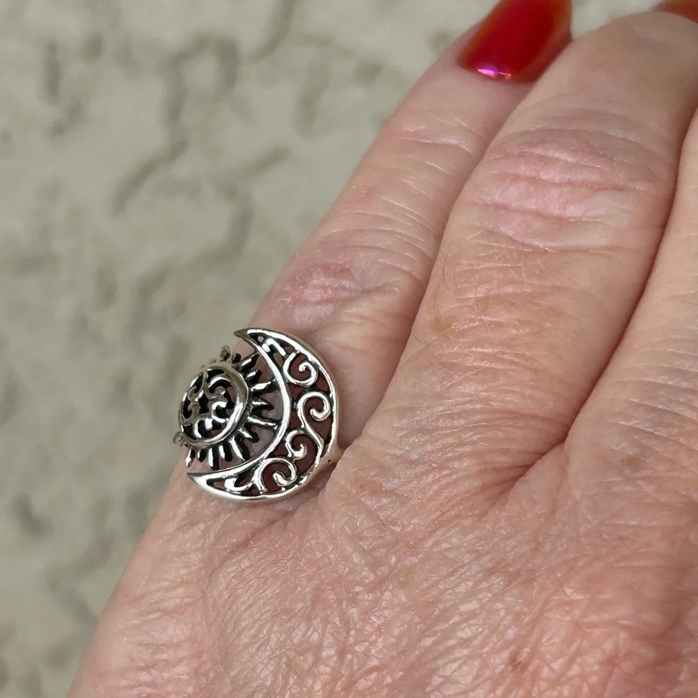 925 Sterling Silver Hand-Crafted Sun and Moon Ring